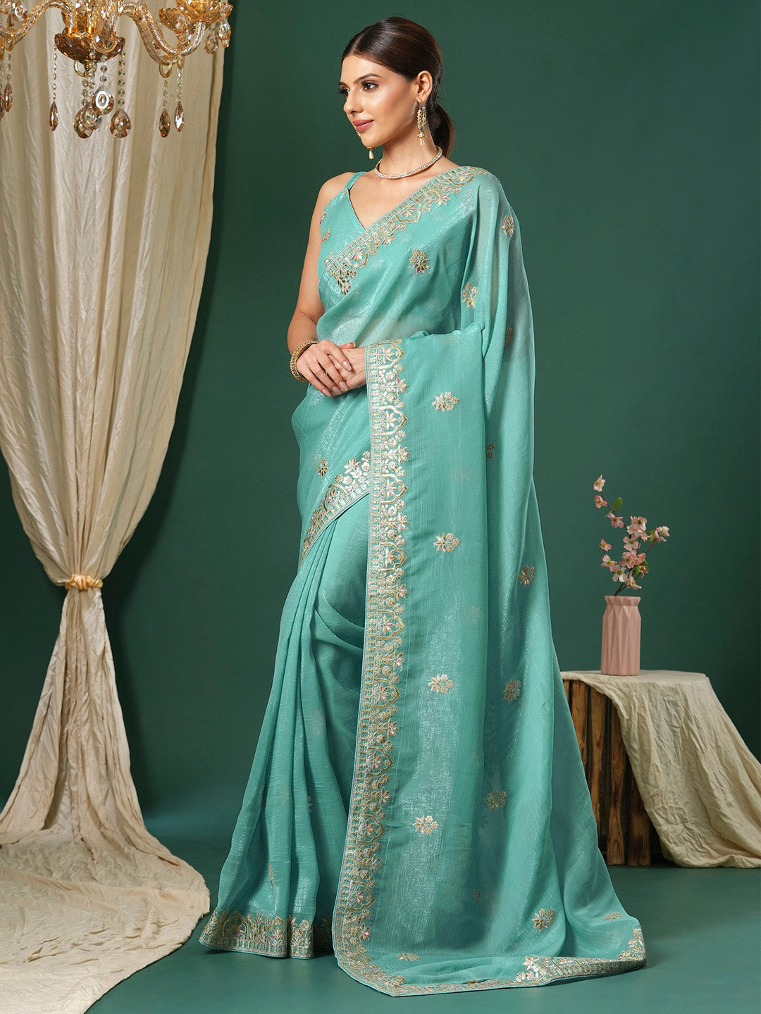 Satin Silk Light Blue Embroidered Designer Saree With Blouse