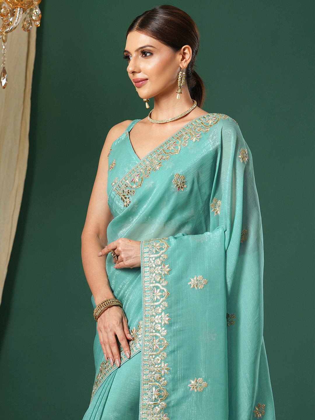 Satin Silk Light Blue Embroidered Designer Saree With Blouse