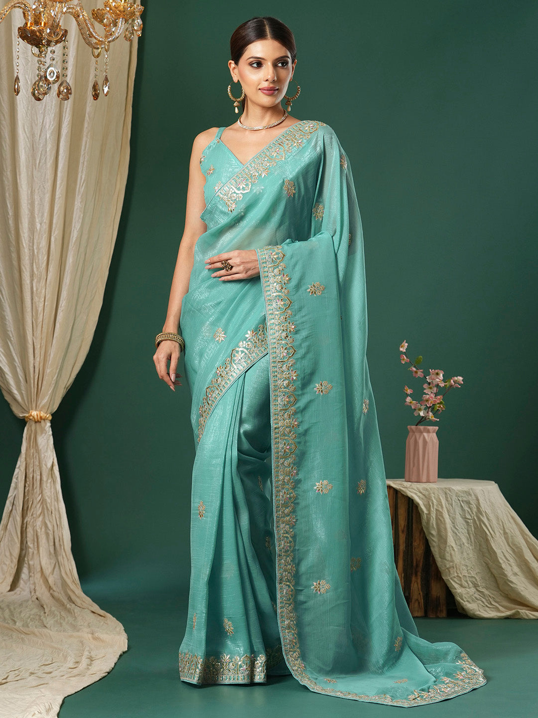 Satin Silk Light Blue Embroidered Designer Saree With Blouse