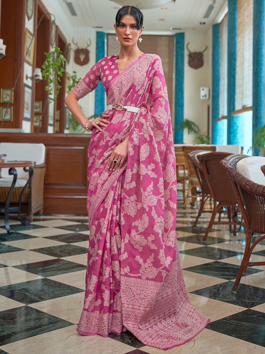 Cotton Linen Pink Woven Design Designer Saree With Blouse