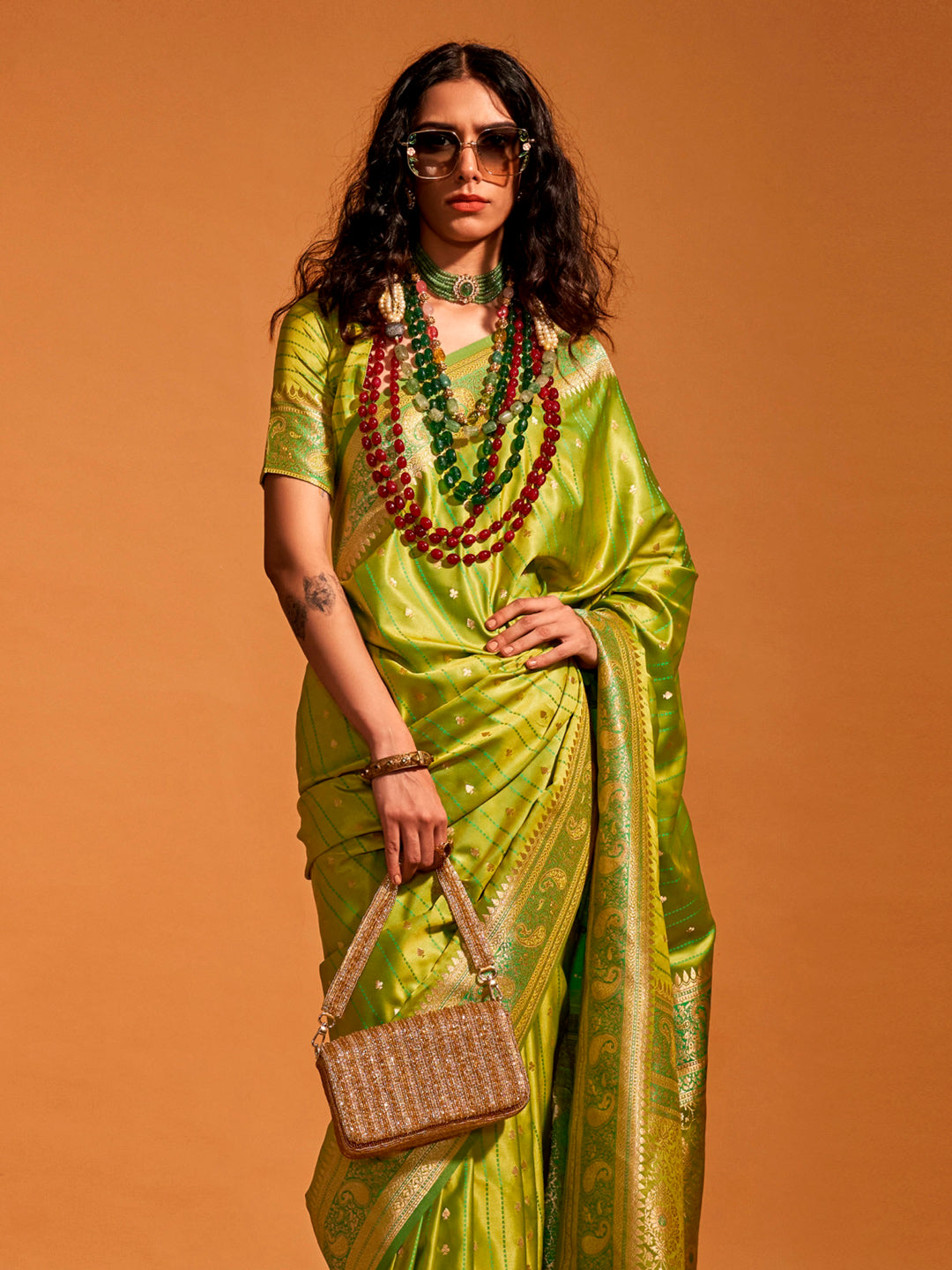 Satin Silk Light Green Woven Design Designer Saree With Blouse