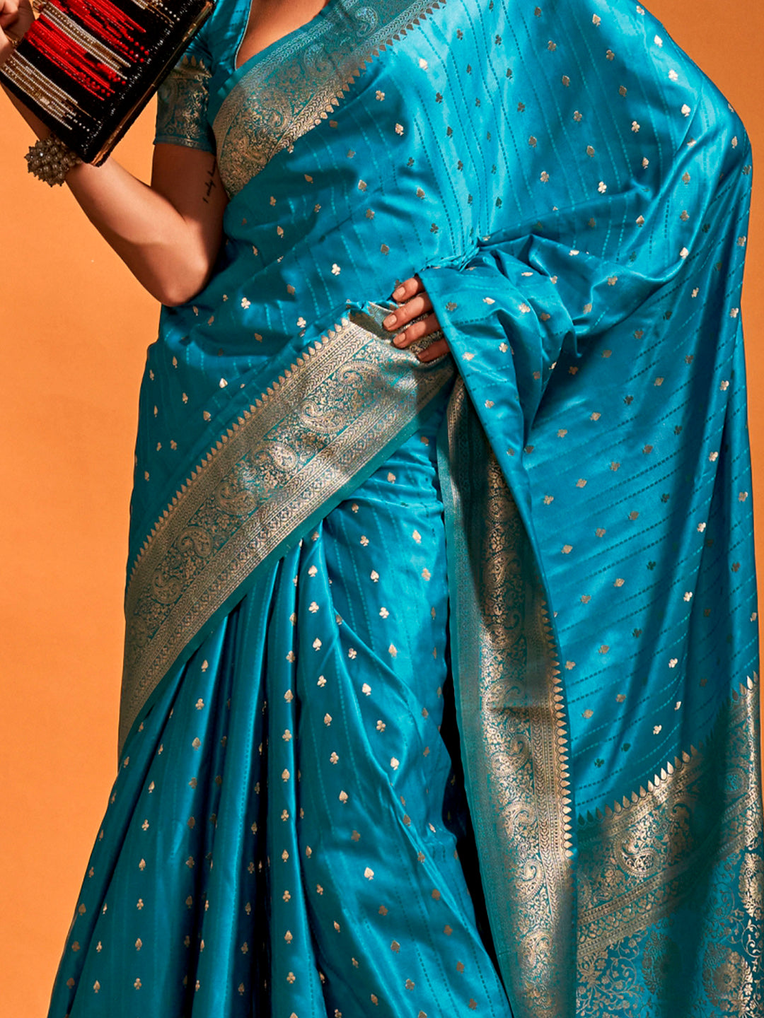 Satin Silk Light Blue Woven Design Designer Saree With Blouse