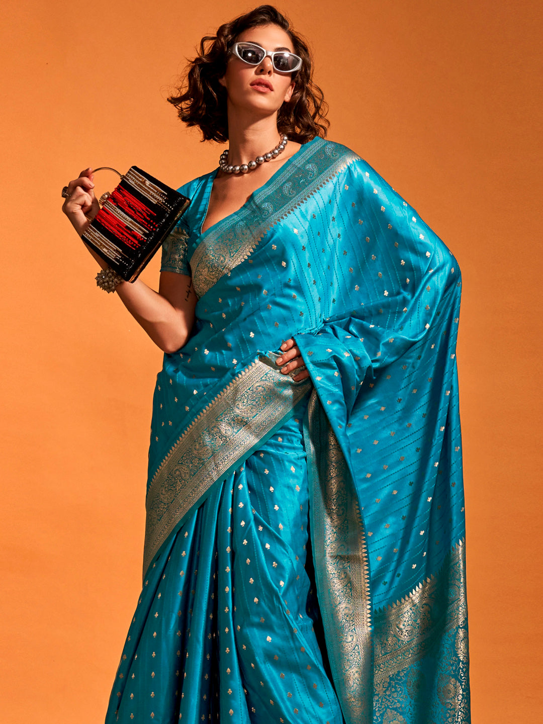 Satin Silk Light Blue Woven Design Designer Saree With Blouse