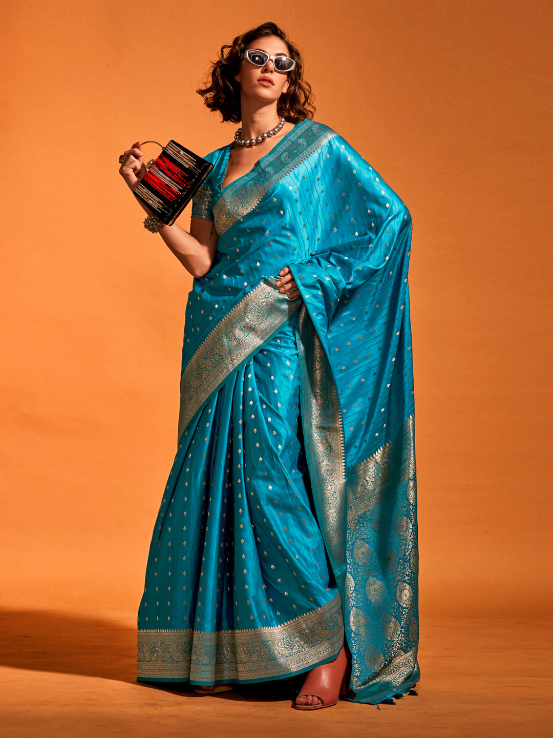 Satin Silk Light Blue Woven Design Designer Saree With Blouse