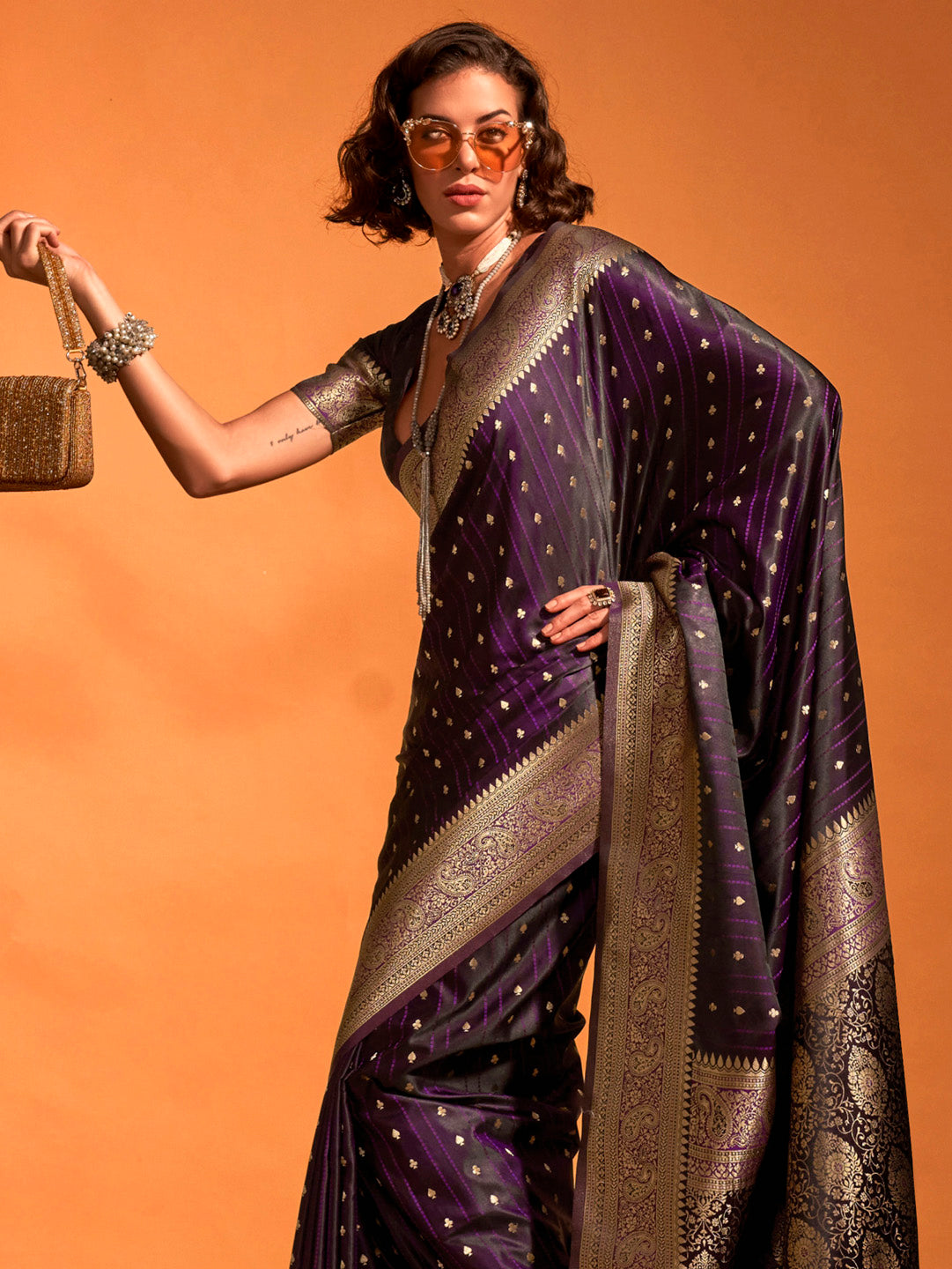 Satin Silk Purple Woven Design Designer Saree With Blouse