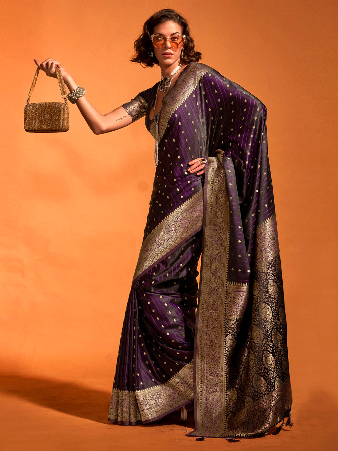 Satin Silk Purple Woven Design Designer Saree With Blouse