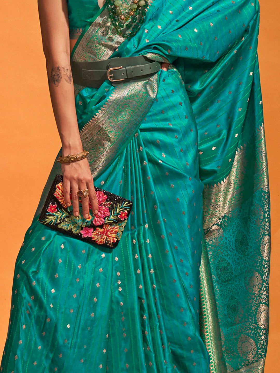 Satin Silk Teal blue Woven Design Designer Saree With Blouse