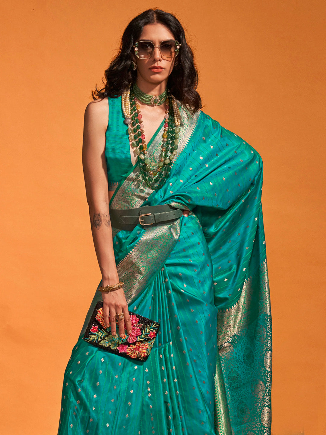 Satin Silk Teal blue Woven Design Designer Saree With Blouse