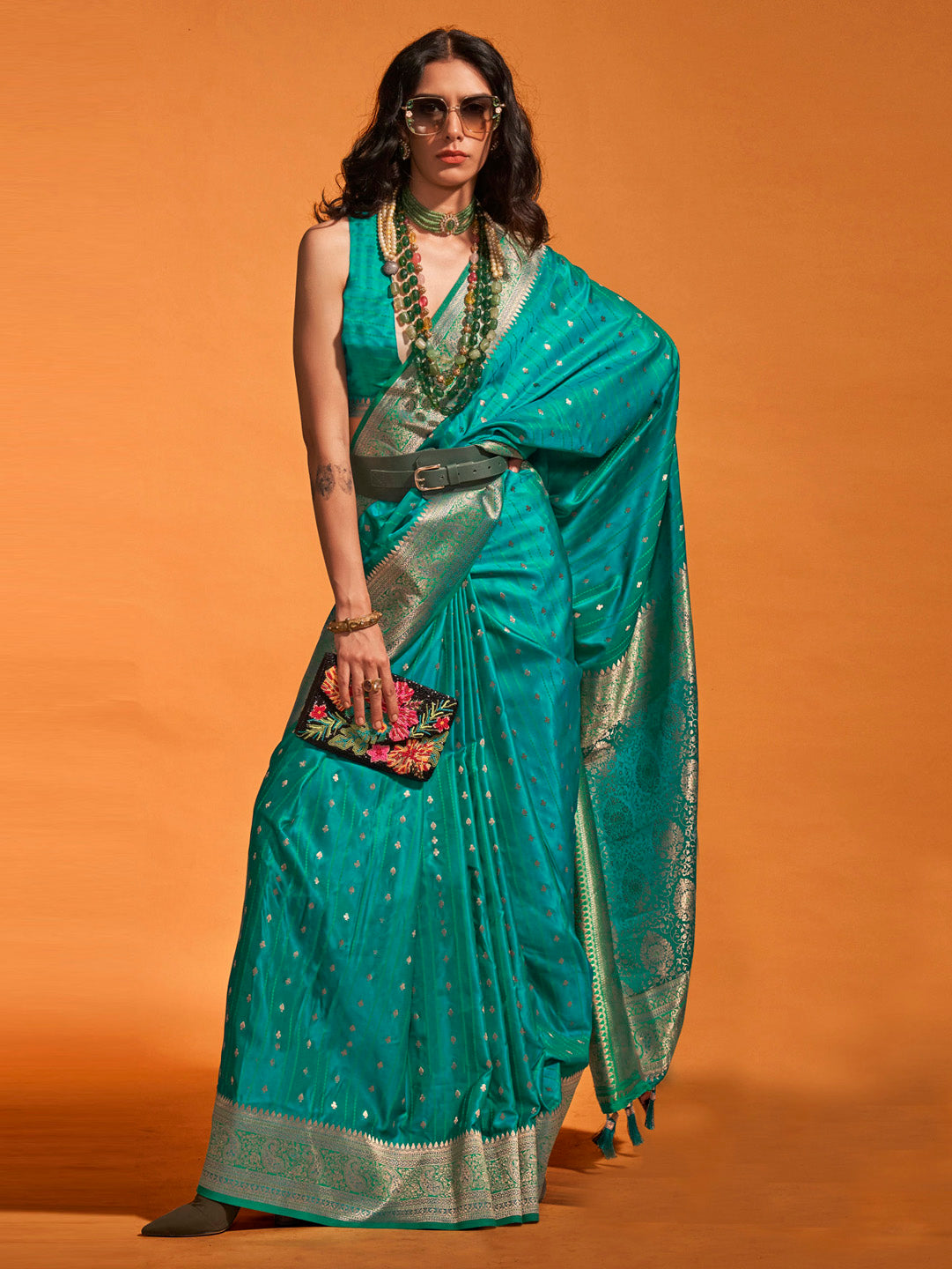 Satin Silk Teal blue Woven Design Designer Saree With Blouse