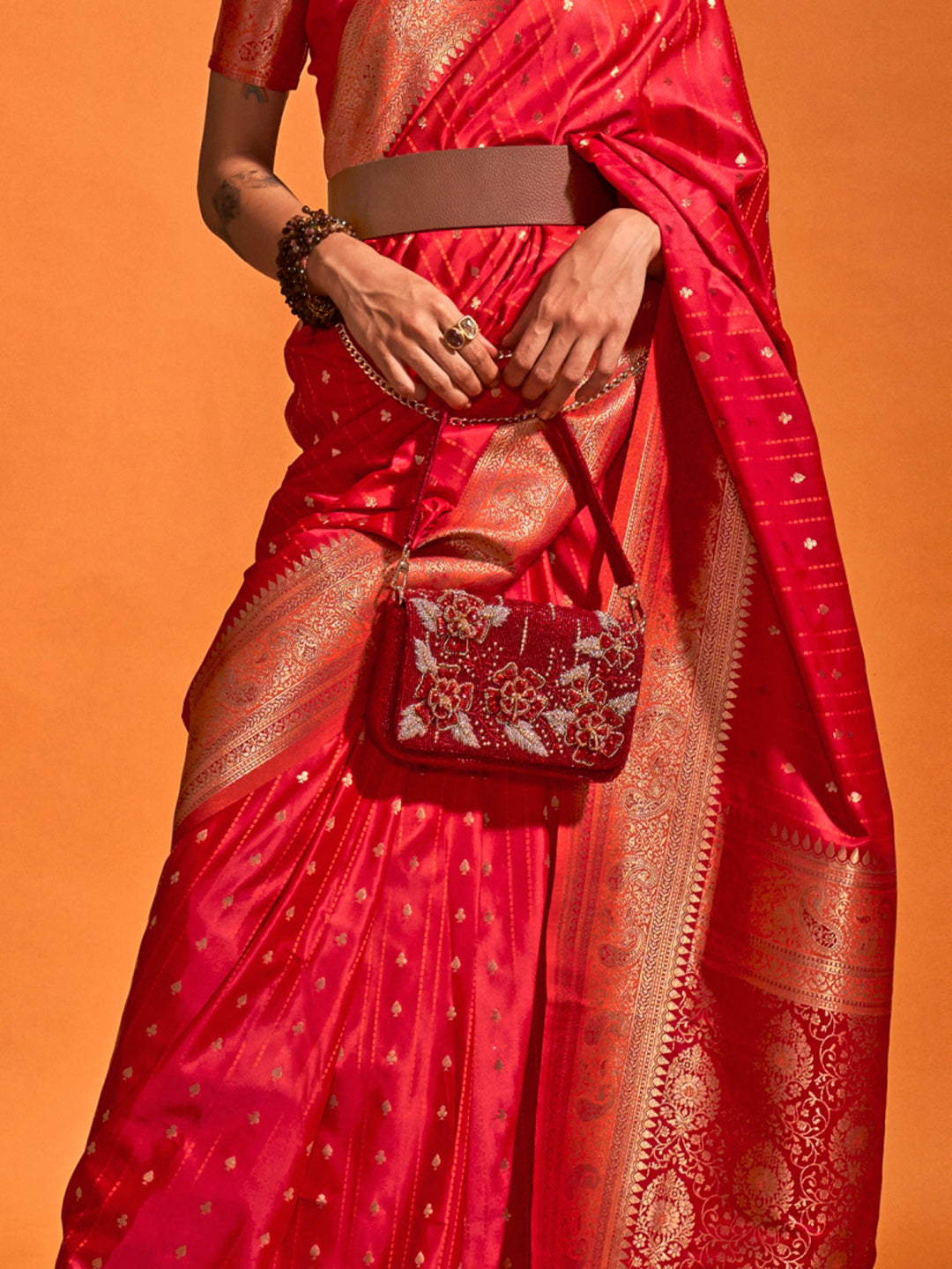 Satin Silk Red Woven Design Designer Saree With Blouse