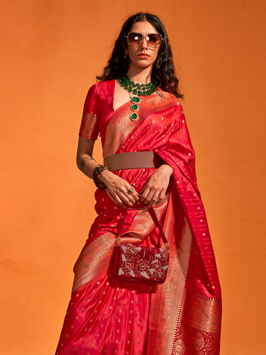 Satin Silk Red Woven Design Designer Saree With Blouse