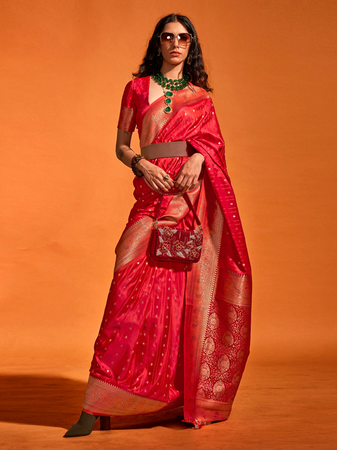 Satin Silk Red Woven Design Designer Saree With Blouse