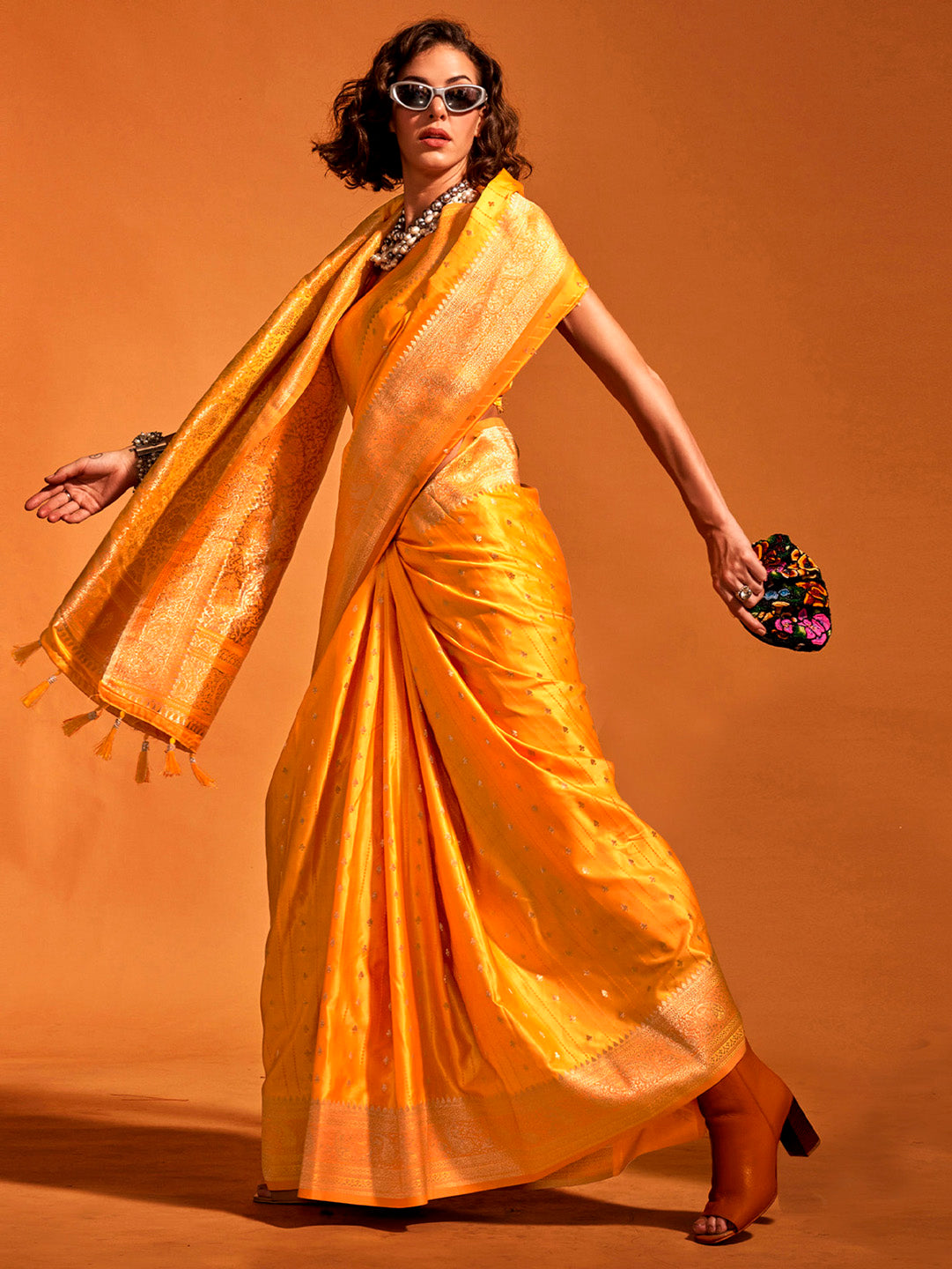 Satin Silk Yellow Woven Design Designer Saree With Blouse