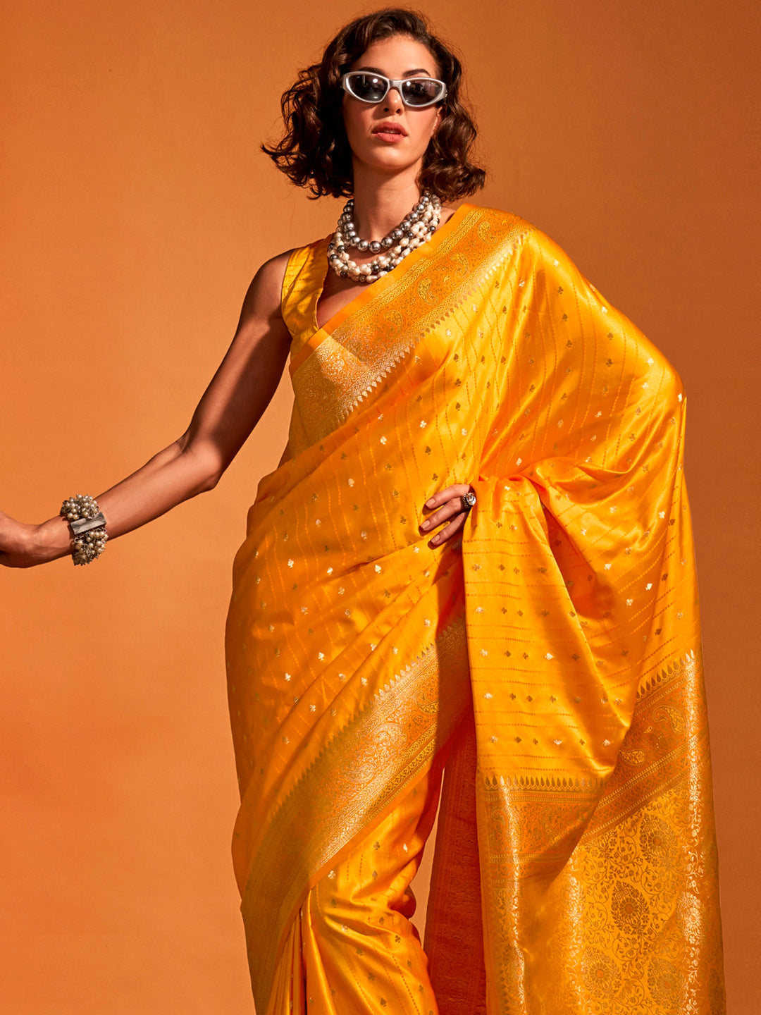 Satin Silk Yellow Woven Design Designer Saree With Blouse