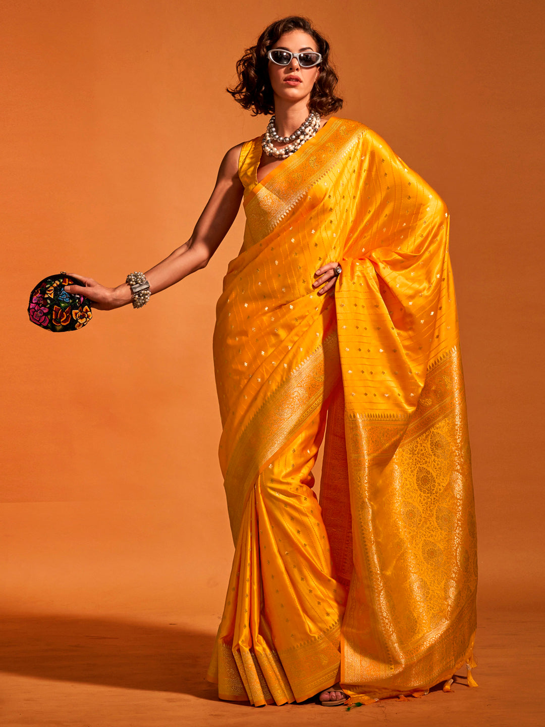 Satin Silk Yellow Woven Design Designer Saree With Blouse