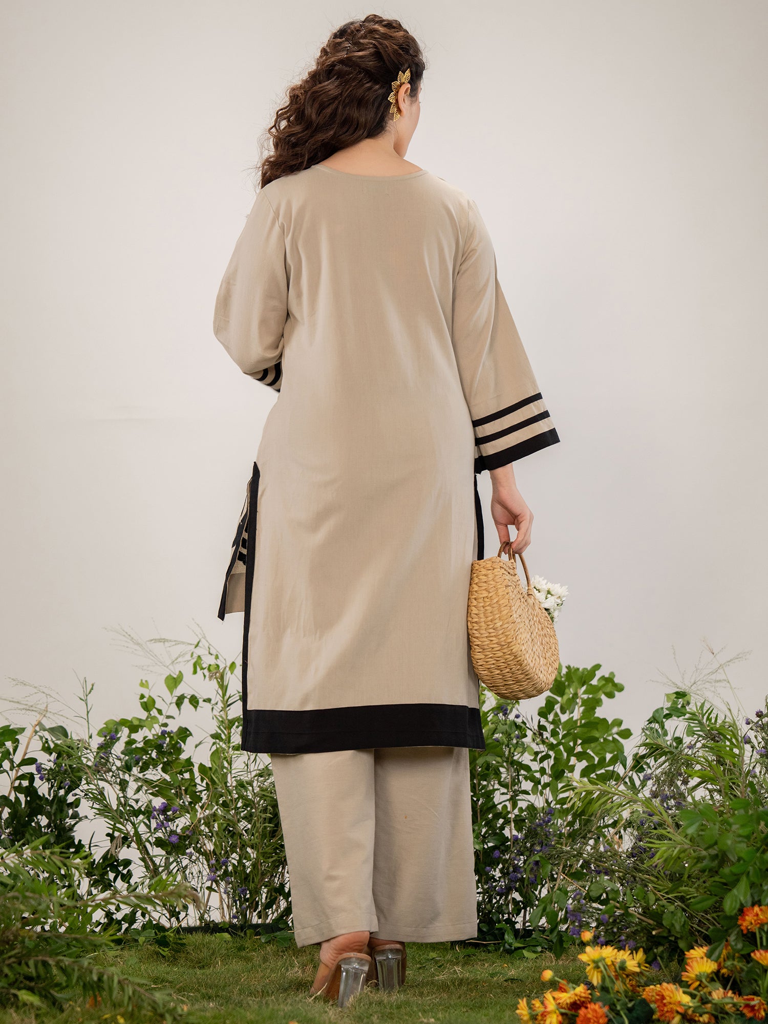 Indo Era Beige Embroidered Straight Kurta Trousers set