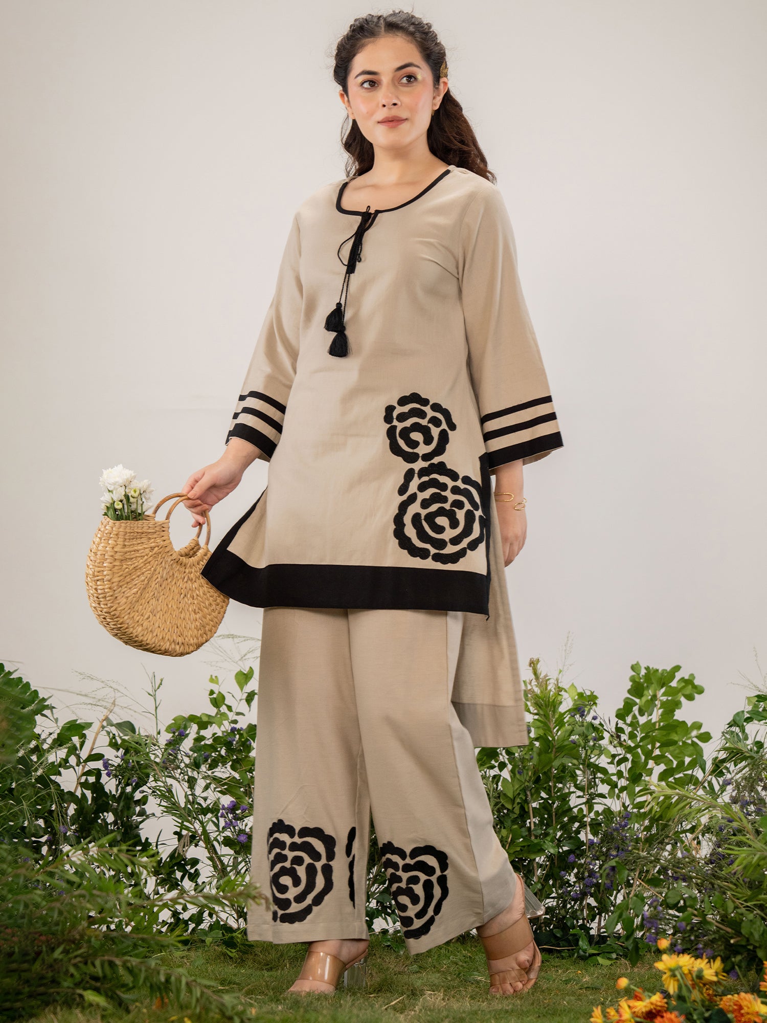 Indo Era Beige Embroidered Straight Kurta Trousers set