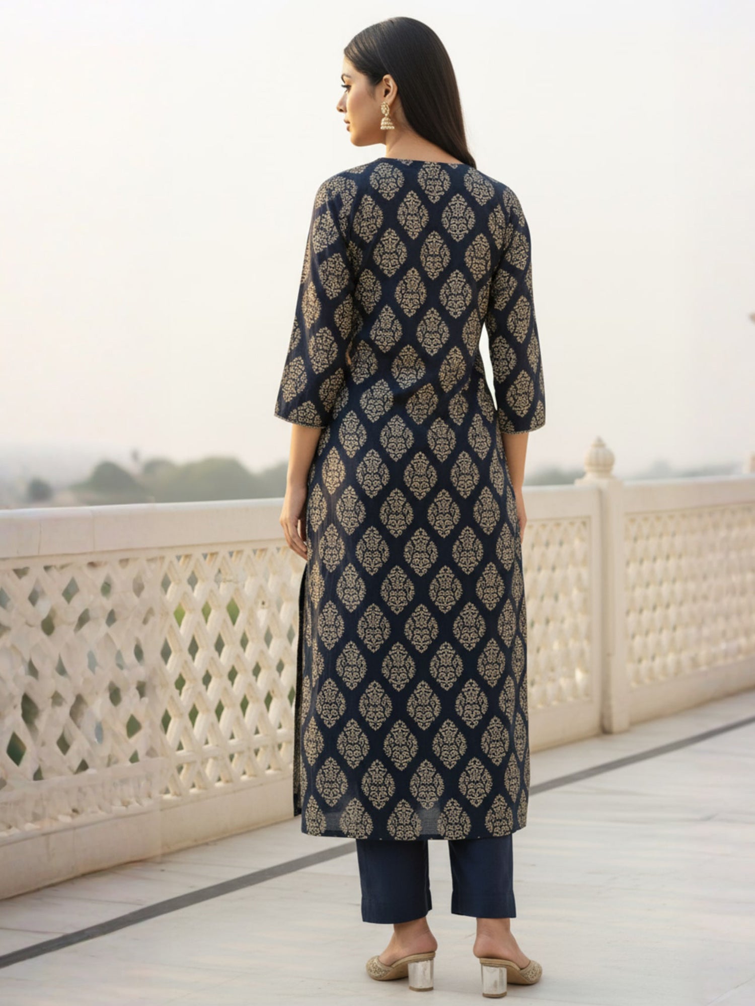 Indo Era Black Printed A-Line Kurta Trousers Set-IE