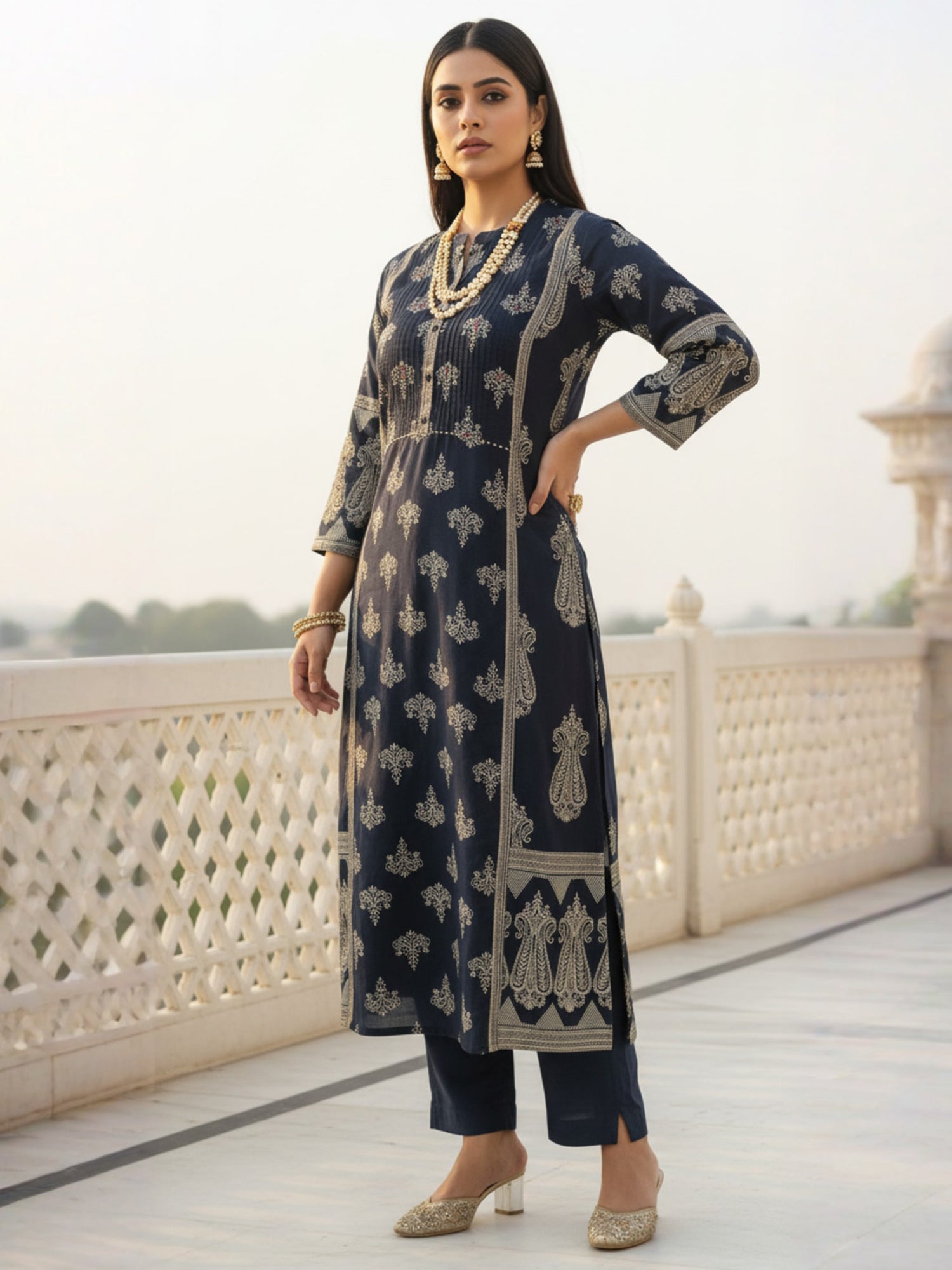 Indo Era Black Printed A-Line Kurta Trousers Set-IE