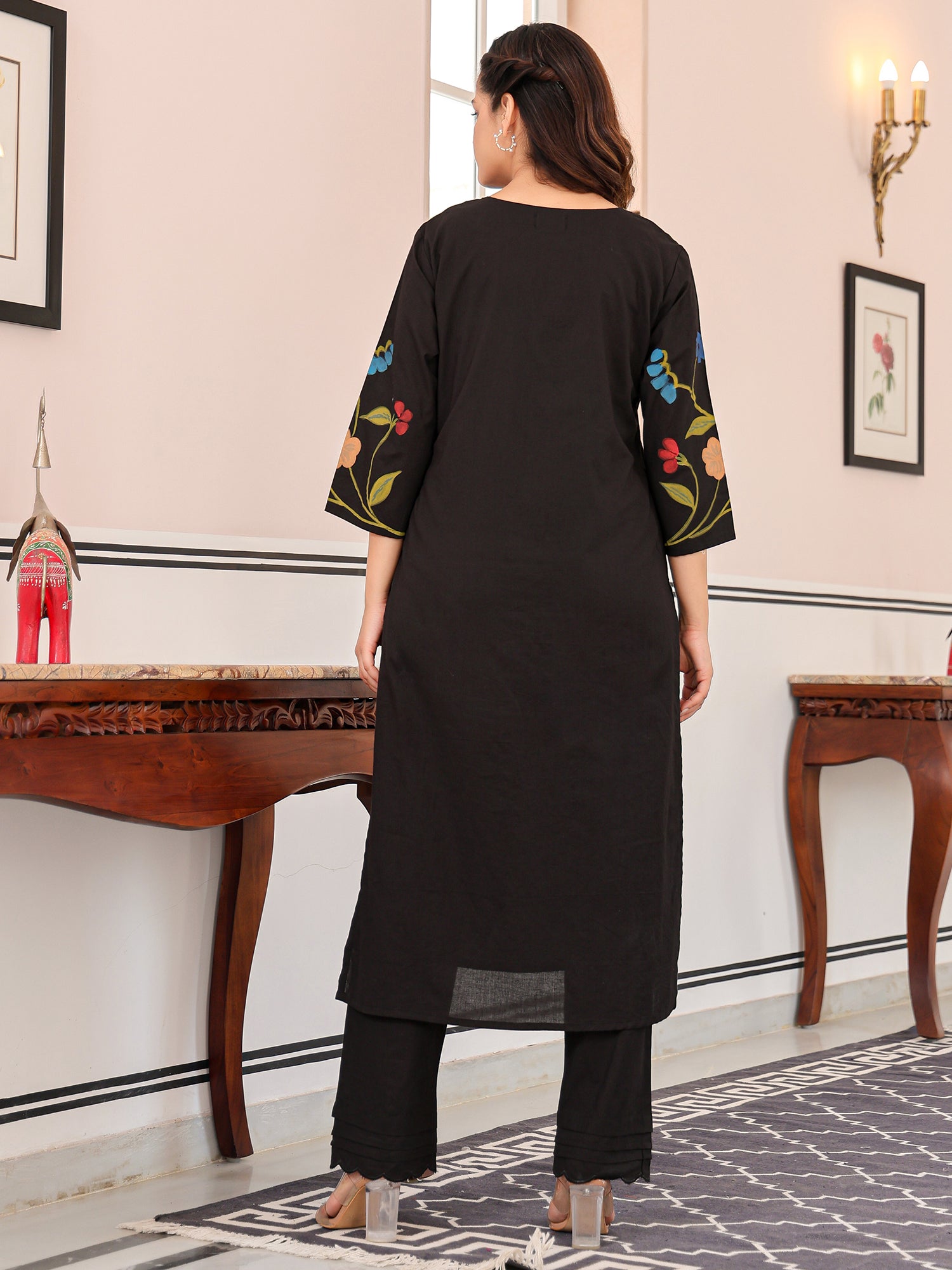 Indo Era Black Printed A-Line Kurta Trousers set