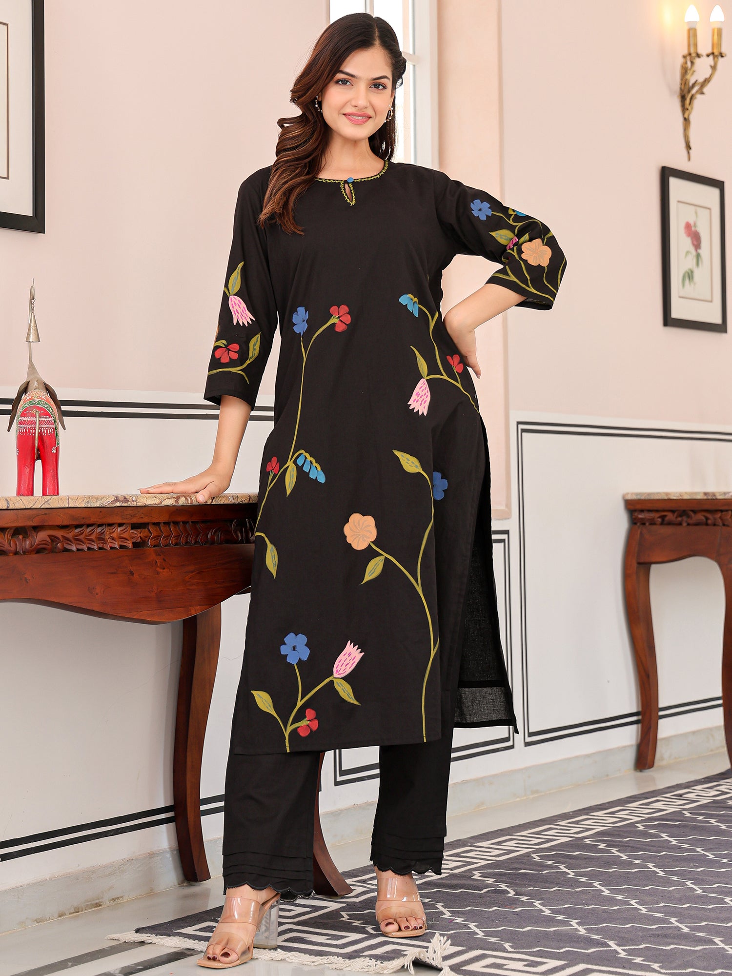 Indo Era Black Printed A-Line Kurta Trousers set