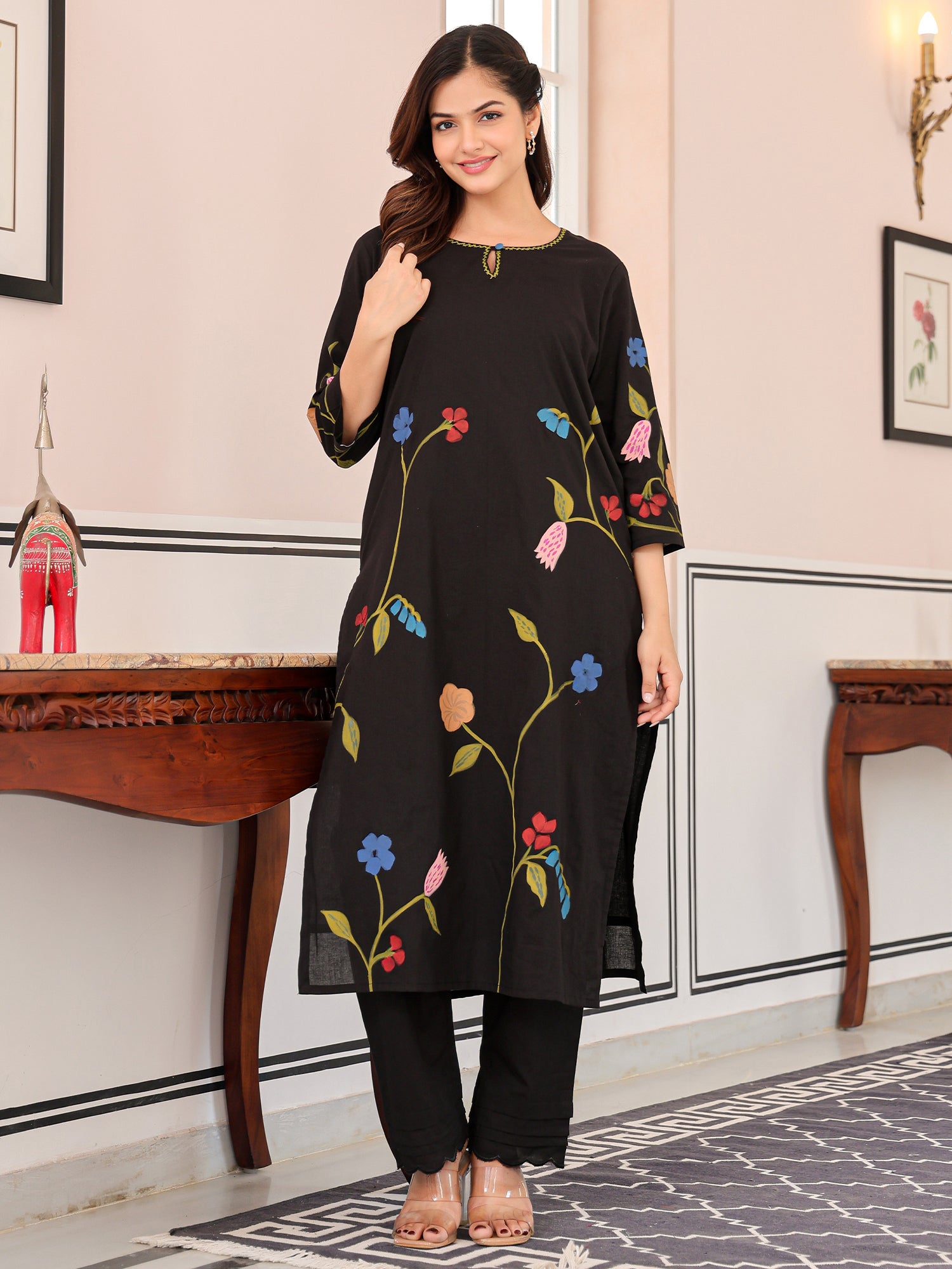 Indo Era Black Printed A-Line Kurta Trousers set