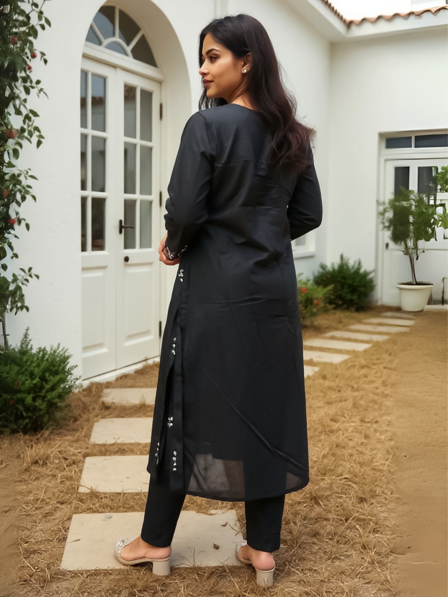 Indo Era Black Embroidered A-Line Kurta Trousers Set-IE
