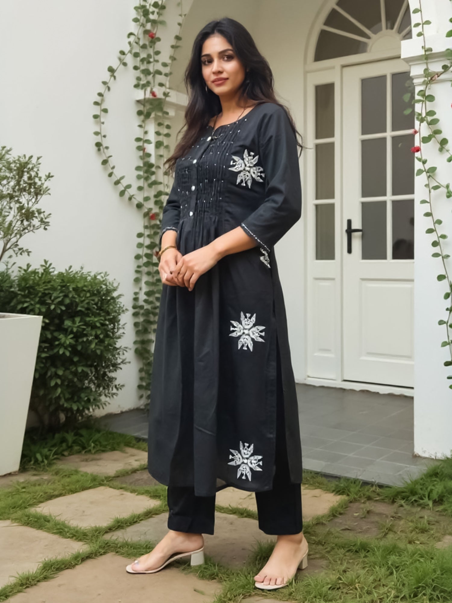Indo Era Black Embroidered A-Line Kurta Trousers Set-IE