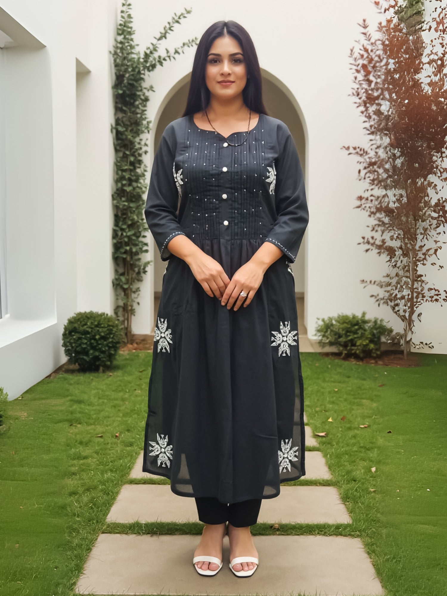 Indo Era Black Embroidered A-Line Kurta Trousers Set-IE