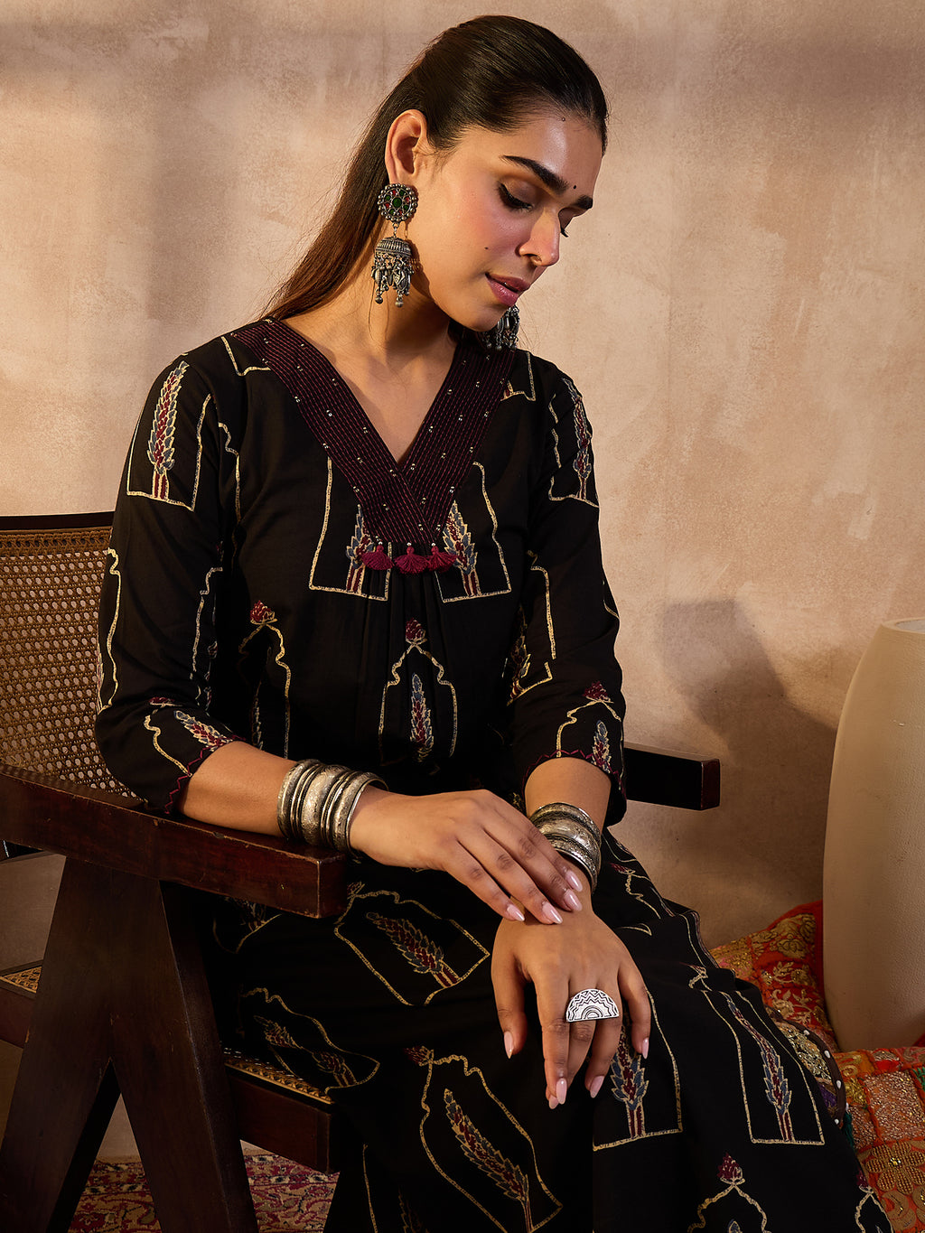 Indo Era Black Printed A-Line Kurta Trousers Set-IE