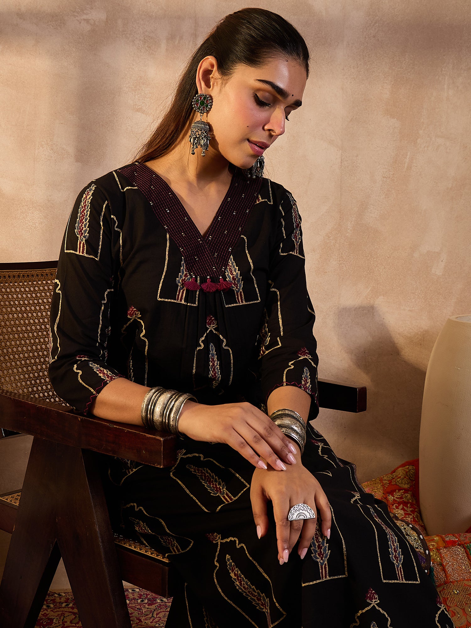 Indo Era Black Printed A-Line Kurta Trousers Set-IE