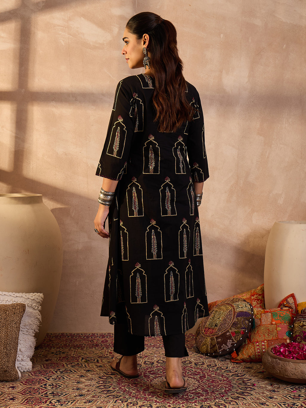 Indo Era Black Printed A-Line Kurta Trousers Set-IE