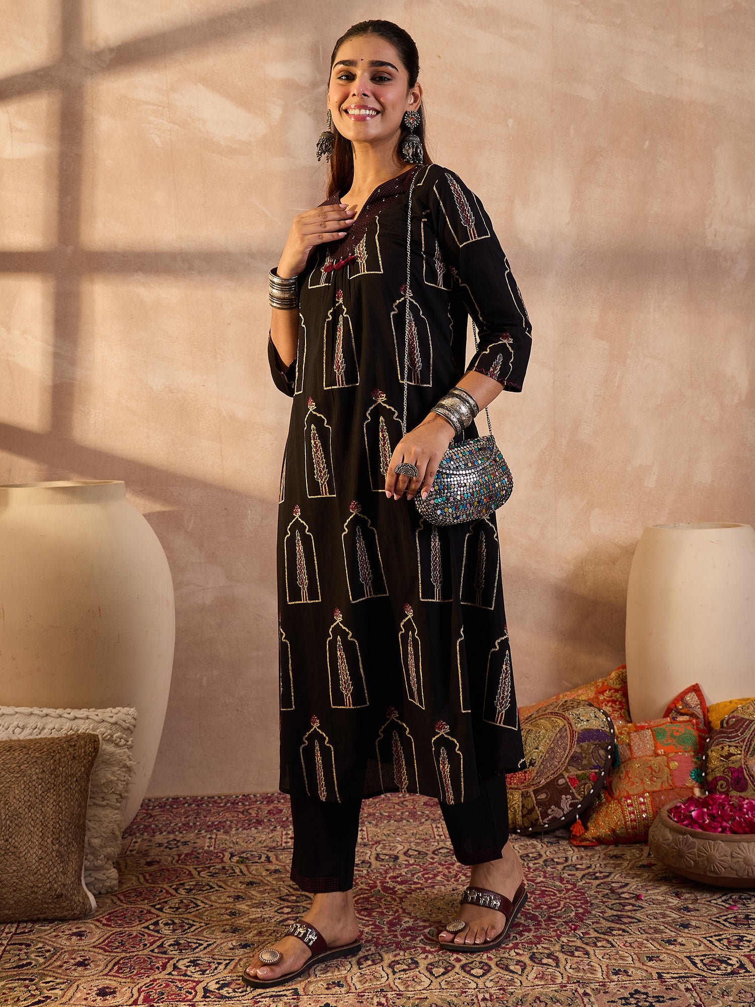 Indo Era Black Printed A-Line Kurta Trousers Set-IE