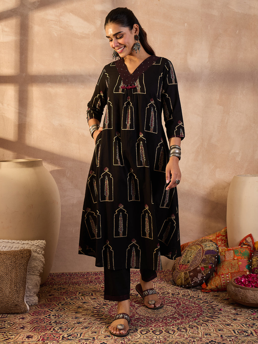 Indo Era Black Printed A-Line Kurta Trousers Set-IE