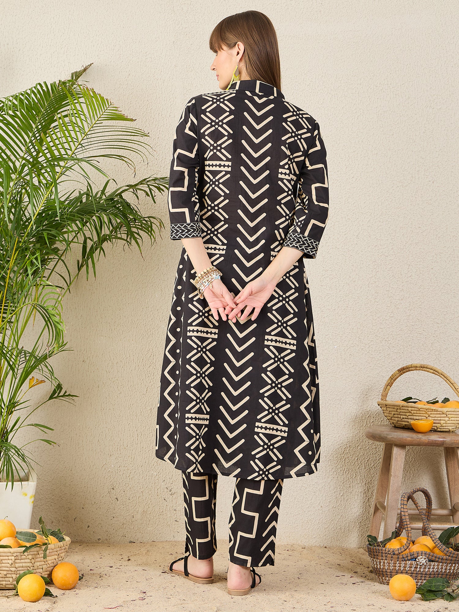 Indo Era Black Printed A-Line Kurta Trousers Set-IE
