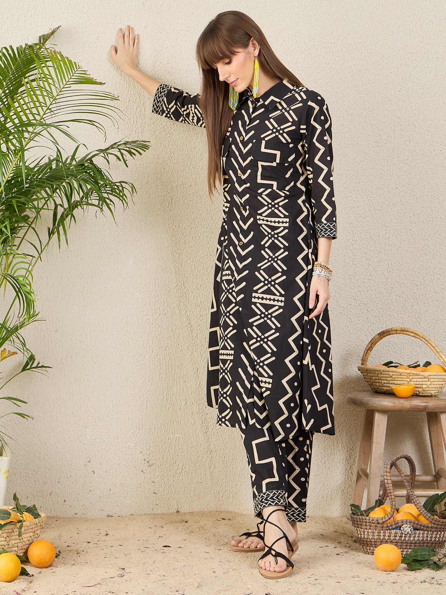 Indo Era Black Printed A-Line Kurta Trousers Set-IE