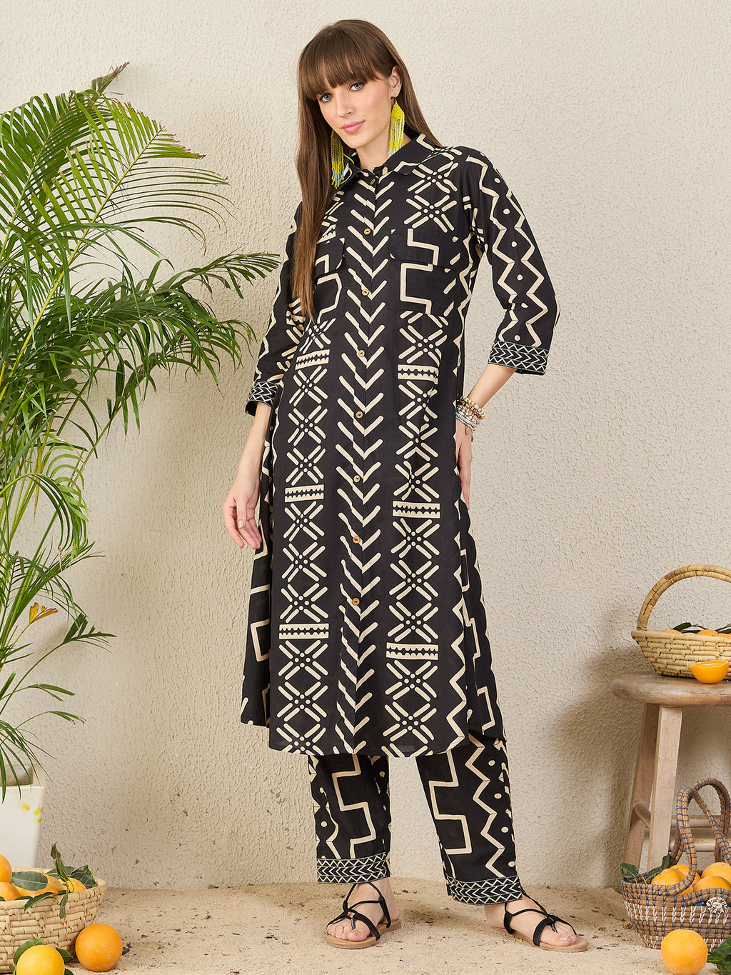 Indo Era Black Printed A-Line Kurta Trousers Set-IE