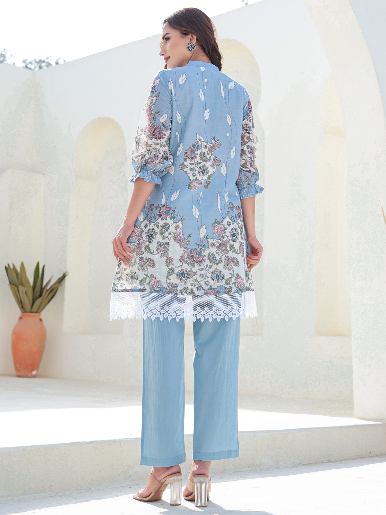 Indo Era Blue Printed A-Line Kurta Trousers set