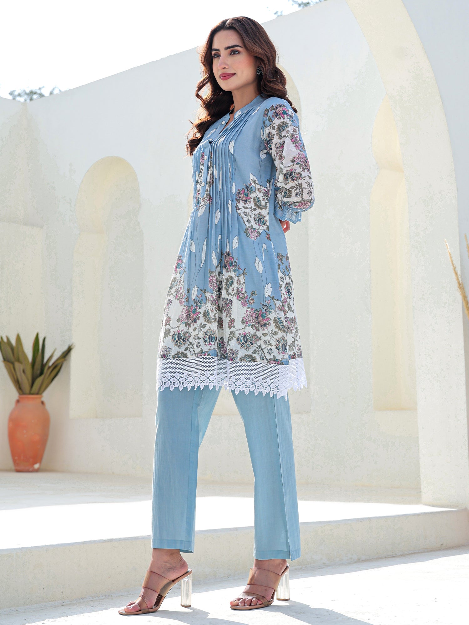 Indo Era Blue Printed A-Line Kurta Trousers set