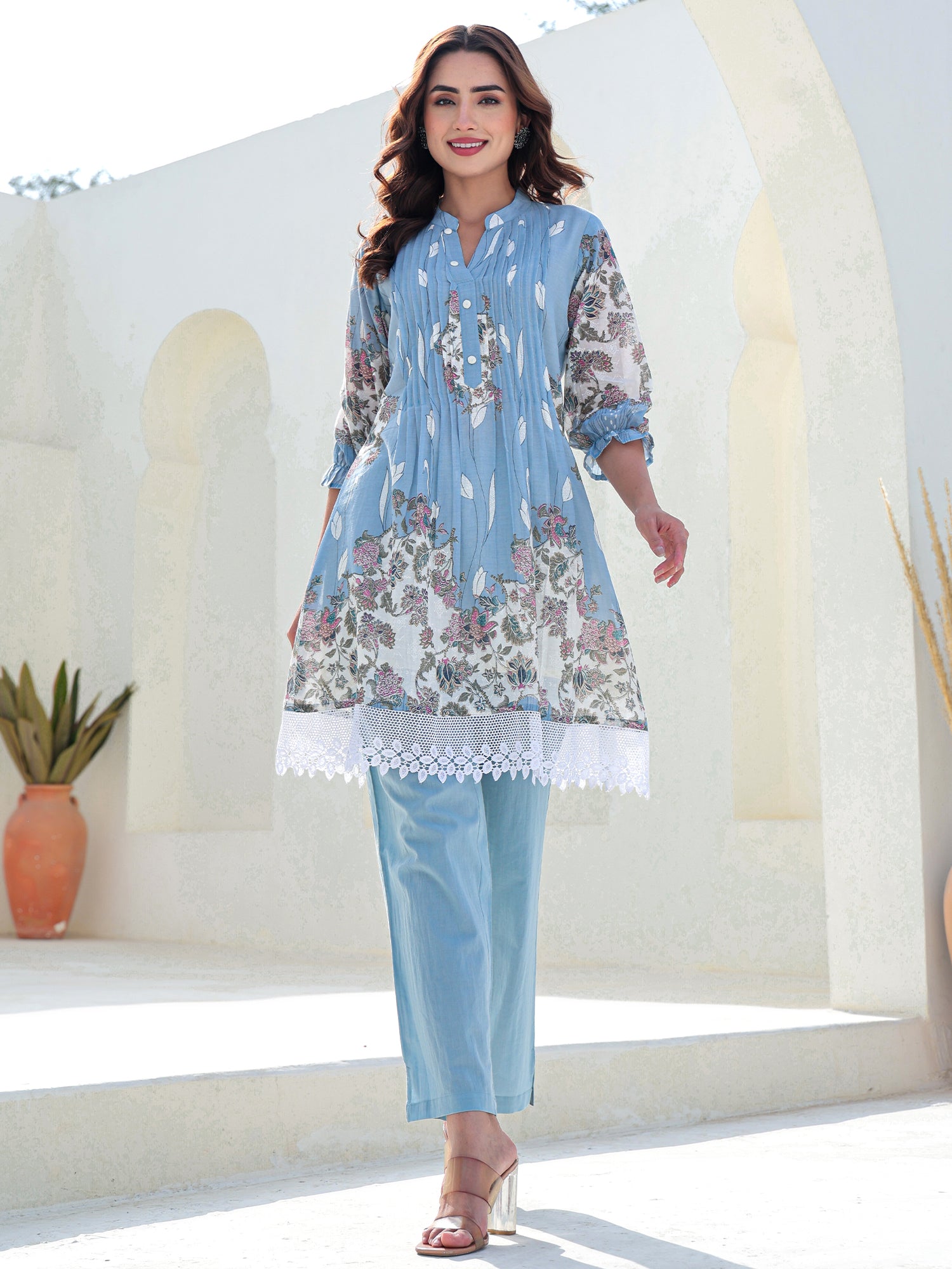 Indo Era Blue Printed A-Line Kurta Trousers set