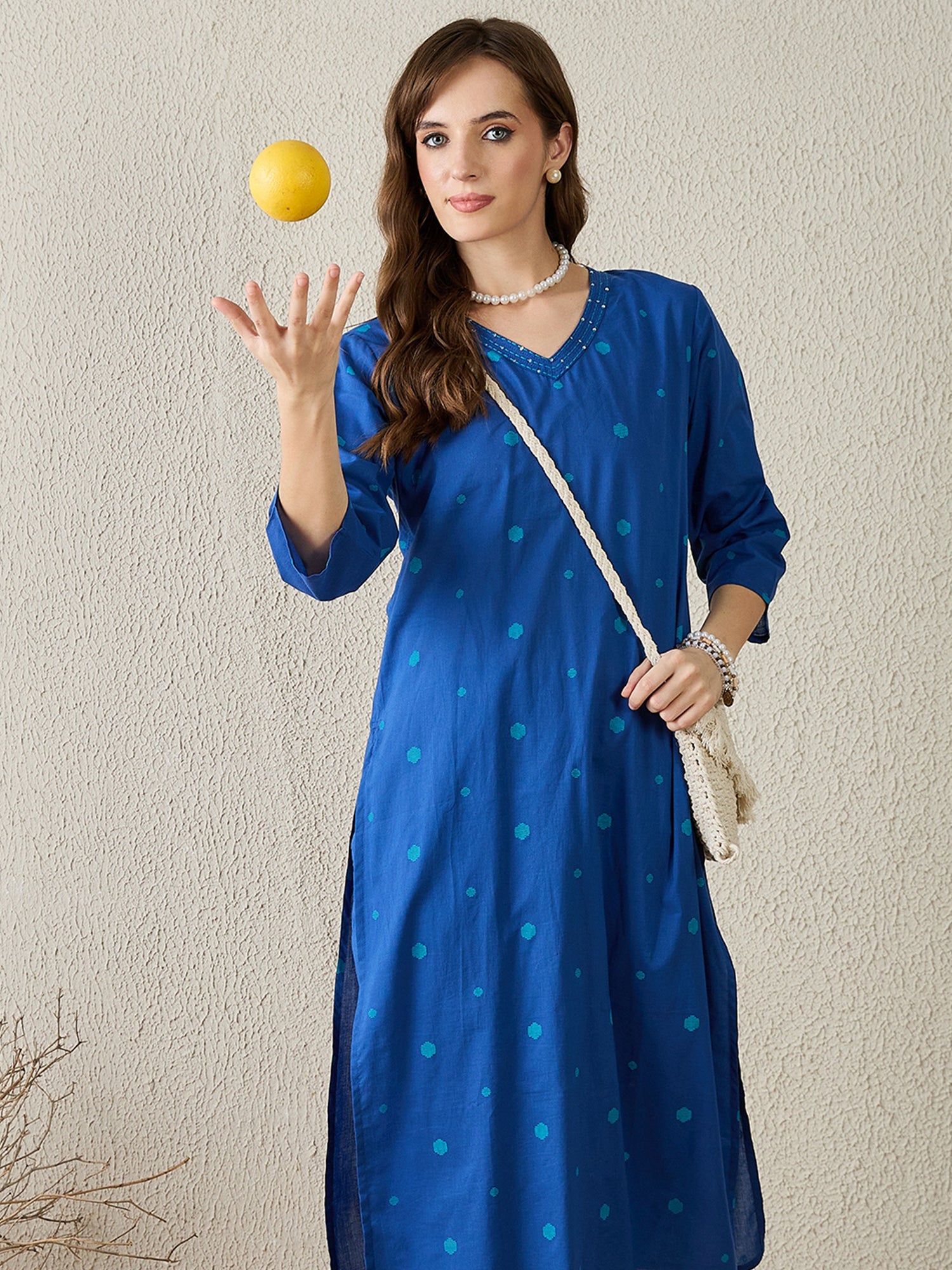 Indo Era Blue Printed Straight Kurta Trousers Set-IE