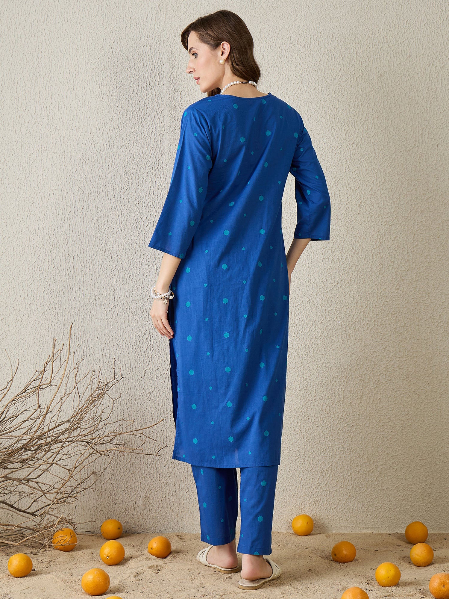 Indo Era Blue Printed Straight Kurta Trousers Set-IE