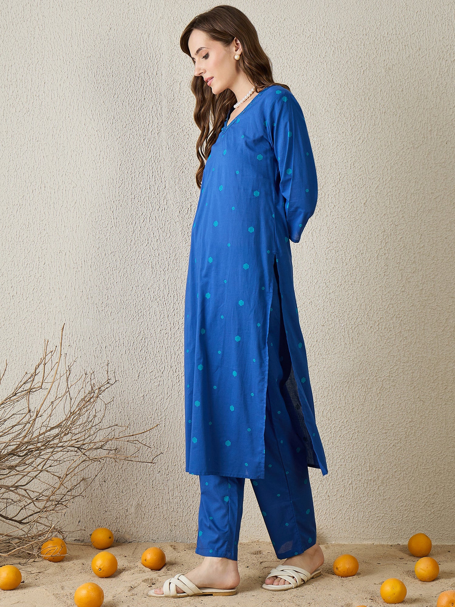 Indo Era Blue Printed Straight Kurta Trousers Set-IE