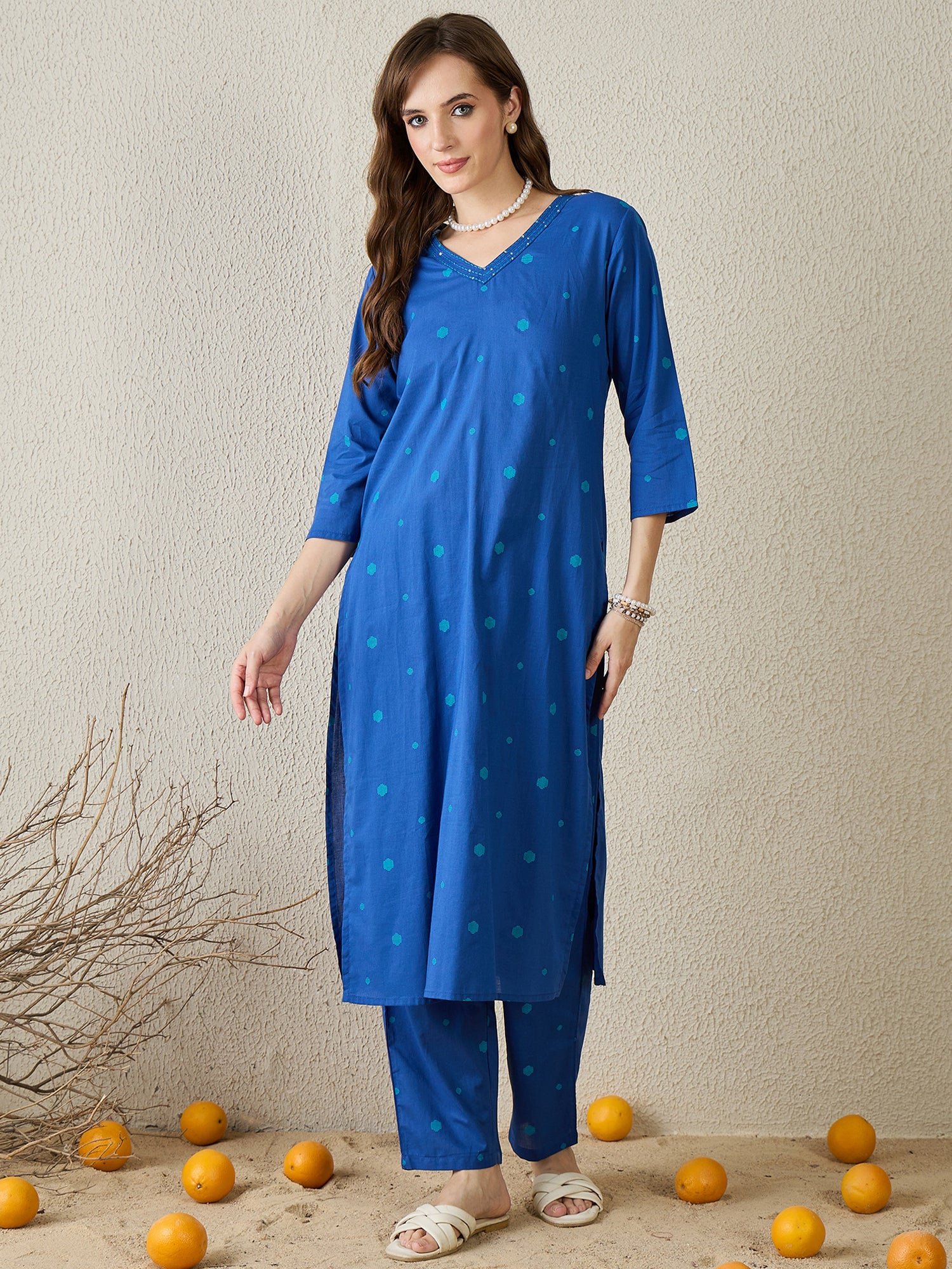 Indo Era Blue Printed Straight Kurta Trousers Set-IE