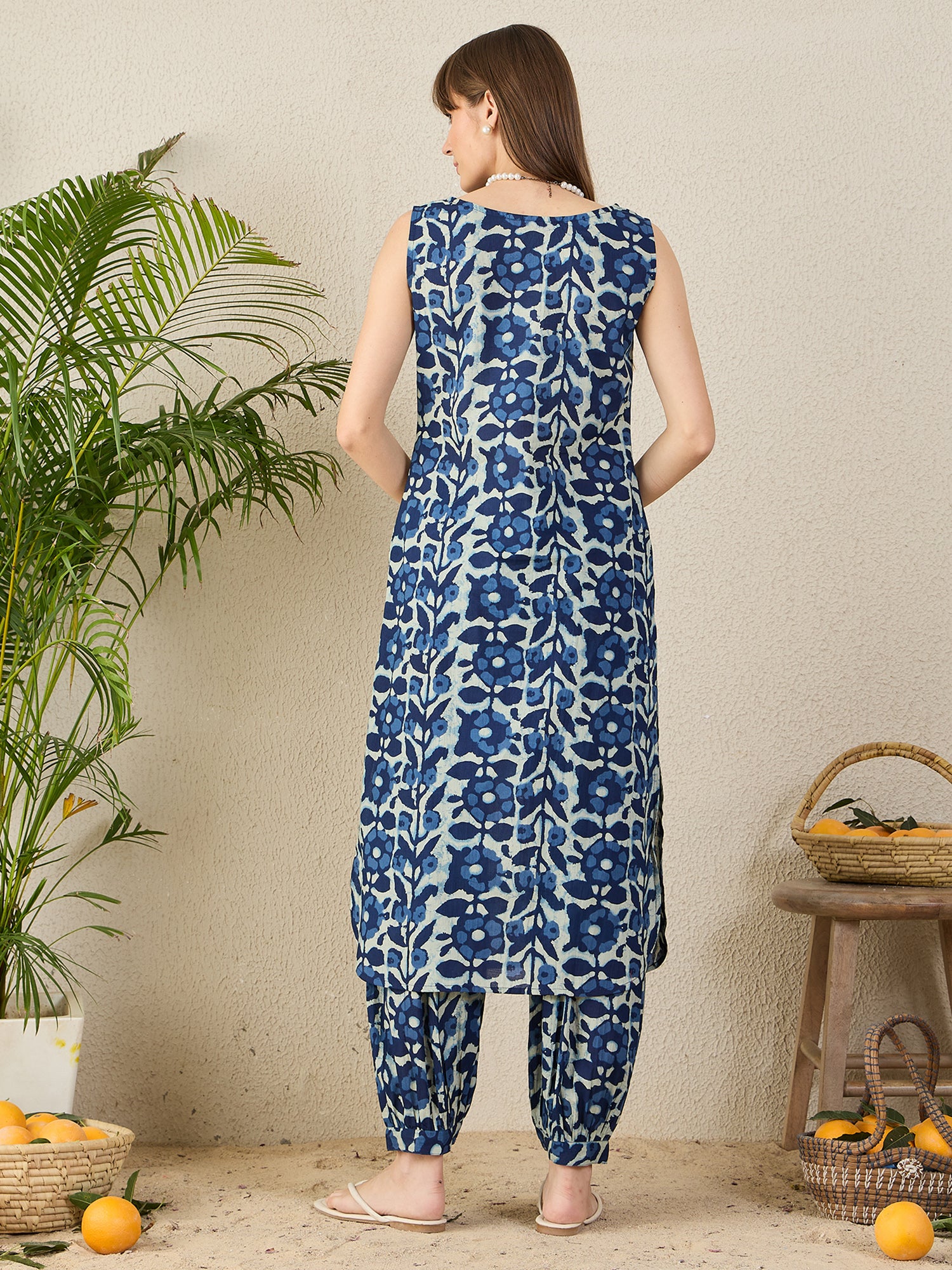 Indo Era Blue Printed Straight Kurta Salwar set-IE