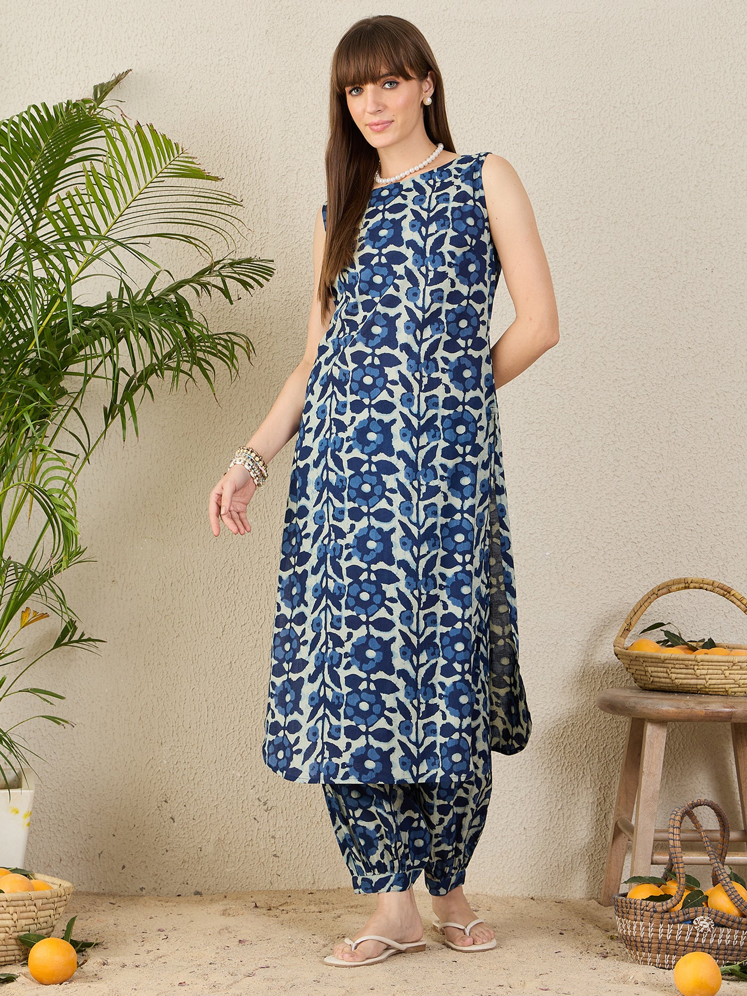 Indo Era Blue Printed Straight Kurta Salwar set-IE