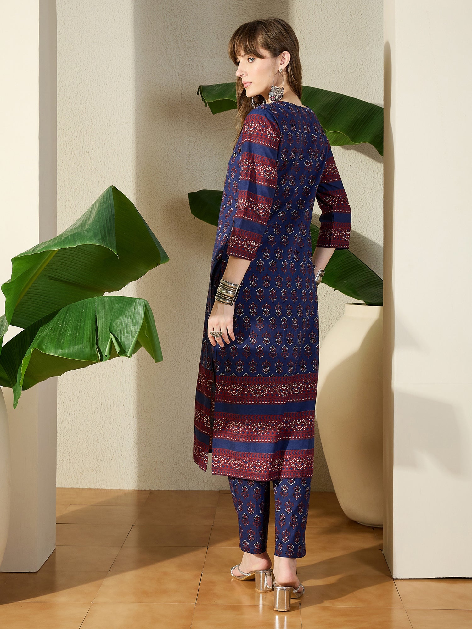 Indo Era Blue Printed Straight Kurta Trousers set-IE