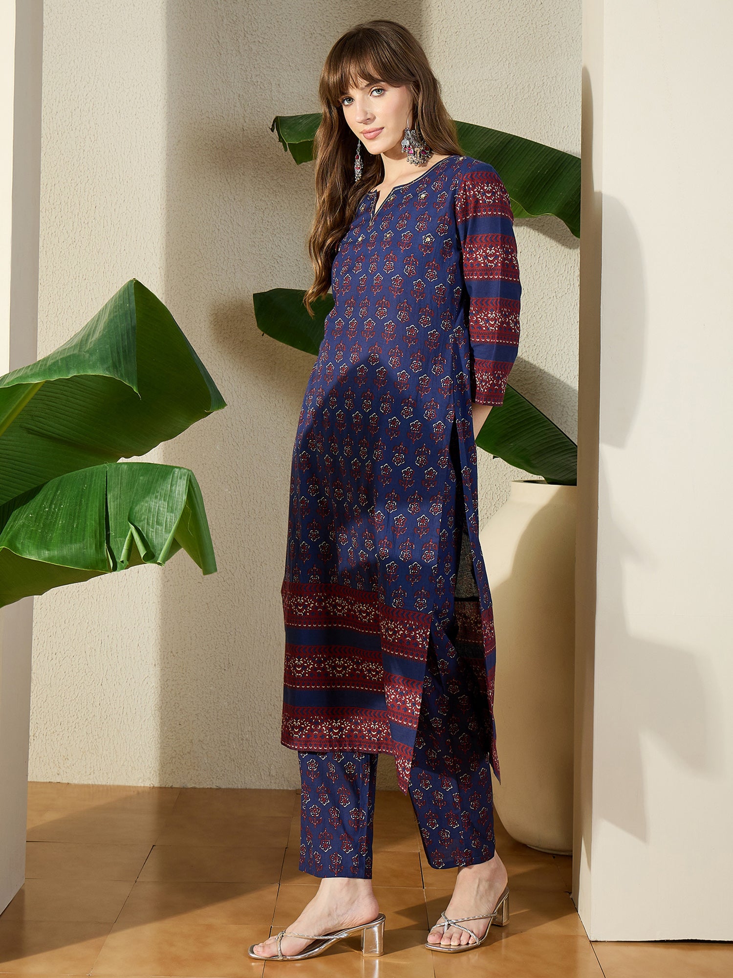 Indo Era Blue Printed Straight Kurta Trousers set-IE