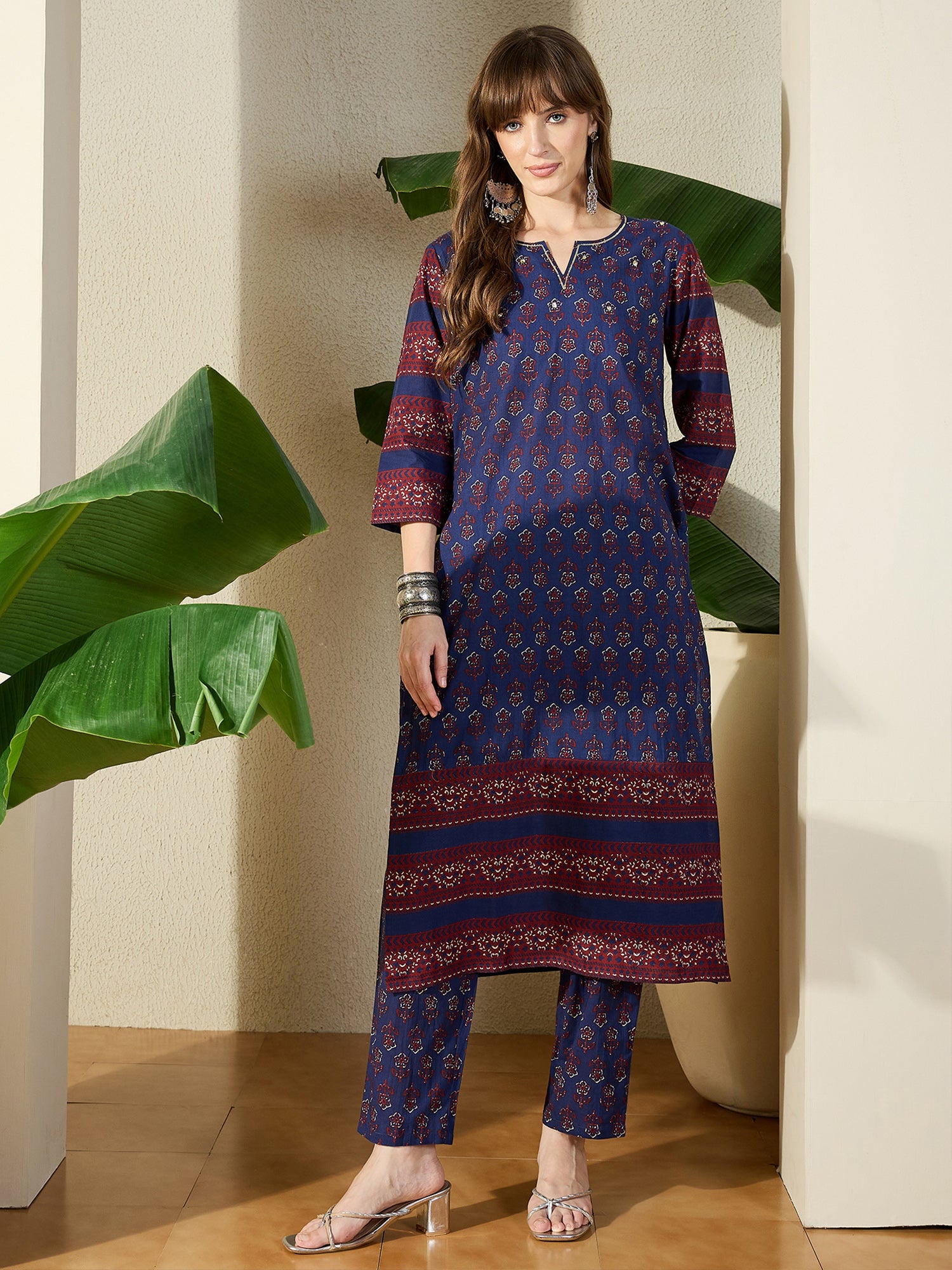 Indo Era Blue Printed Straight Kurta Trousers set-IE