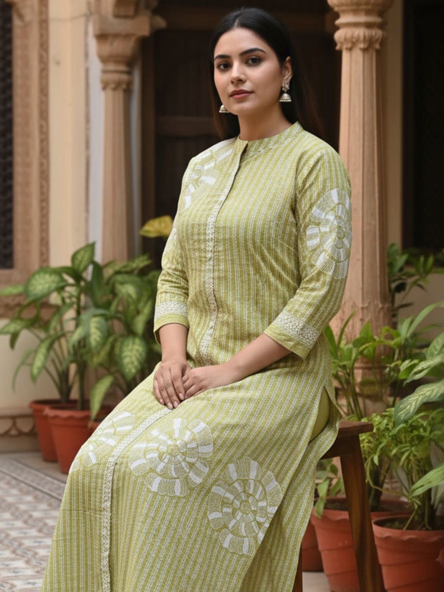 Indo Era Green Printed A-Line Kurta Trousers Set-IE
